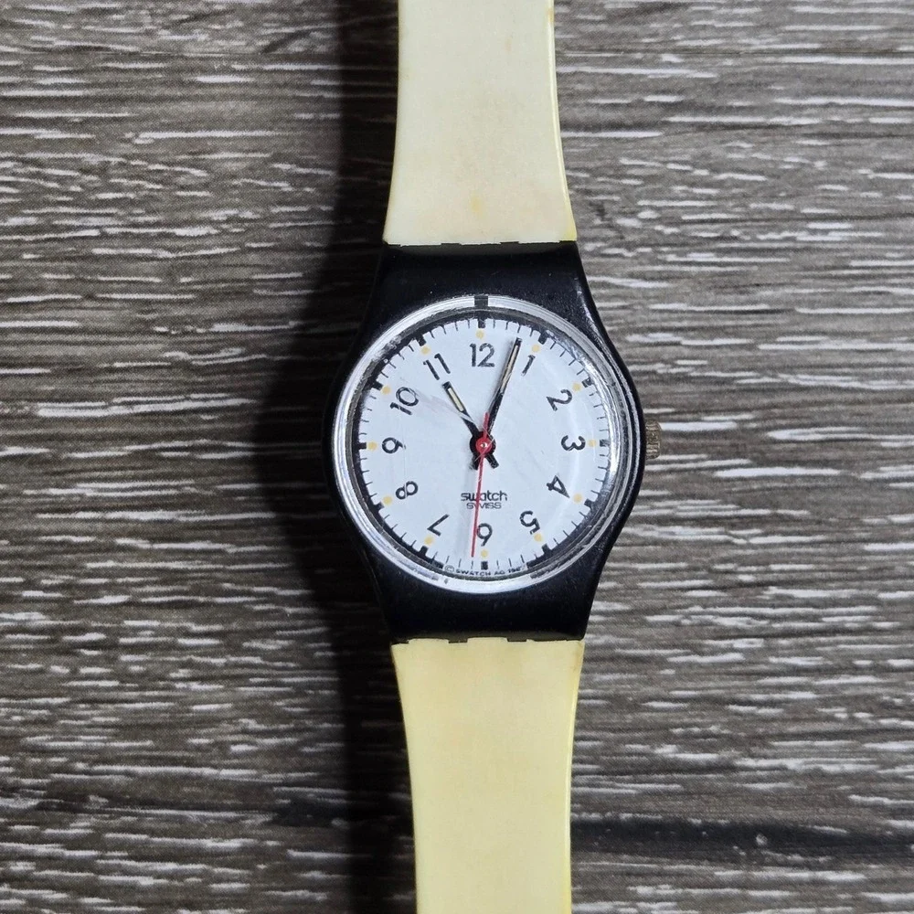 Swatch Swiss Quartz Watch White Dial & Band Black S740 Classic 1980s parts